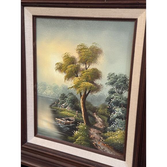 Vintage C. Cushman Original Oil Painting Signed Tree Boat Lake Landscape - Picture 14 of 16